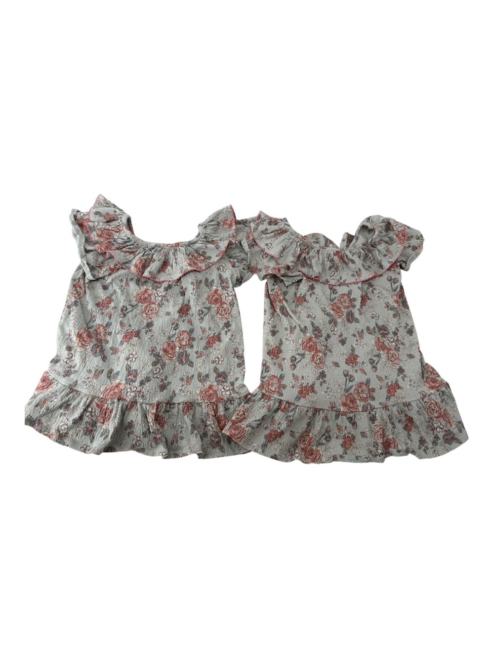 Twin Toddler Girls Blue Cotton Floral Ruffle-Trim Dress
